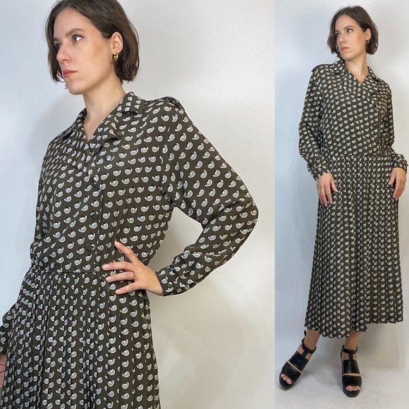 Vintage 80s SILKY Abstract SHELL Print PLEATED Dress! Medium, 8 - Picture 1 of 7